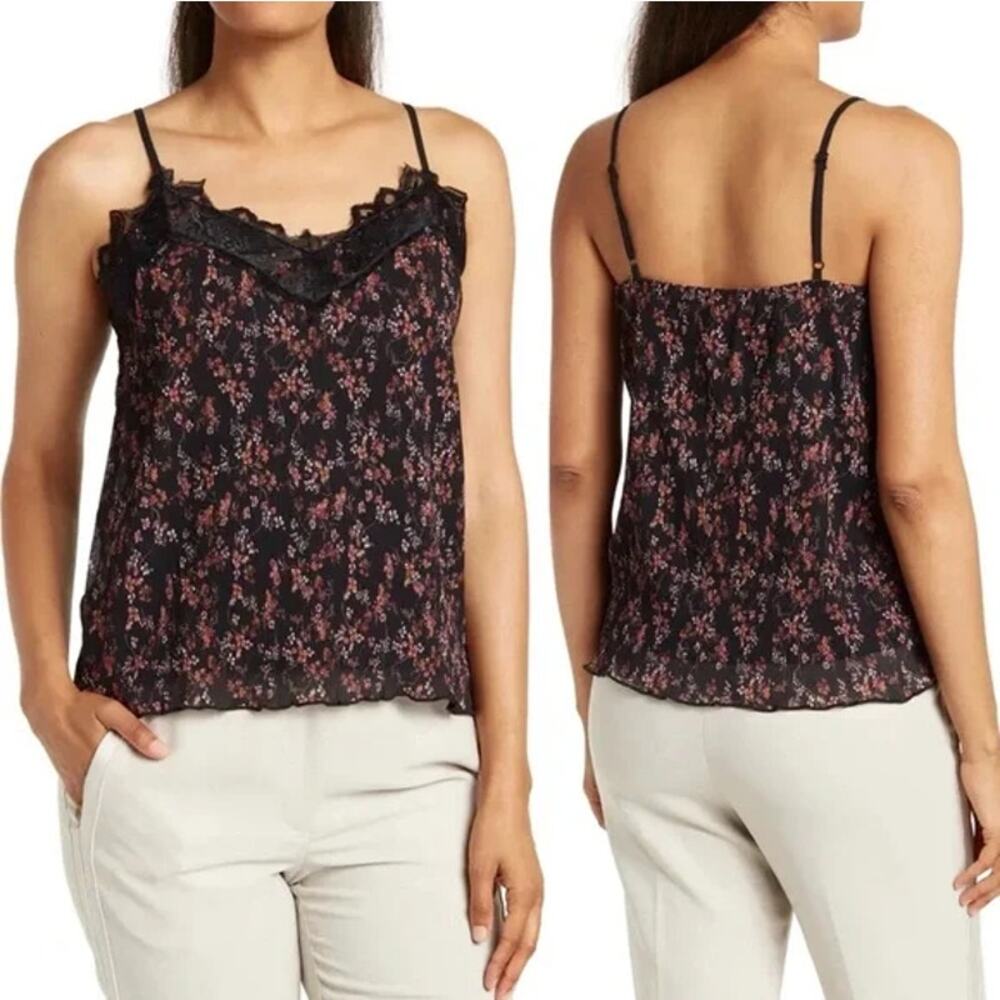 NWT Everleigh Pleated Lace Trim V-Neck Floral Cami Tank Top Black Women's Size M